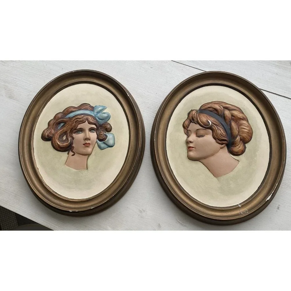 Vintage DUNCAN CERAMIC Lovely Lady Wall Plaque Erma Gilliland Set of 2 Cameo